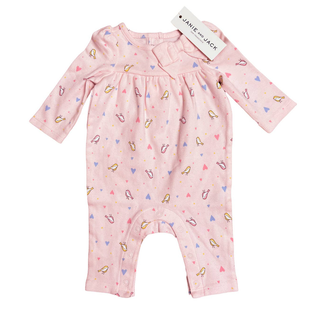 JANIE & JACK Pink Bird Confetti Heart‎ Print Romper New w Tag 0-3